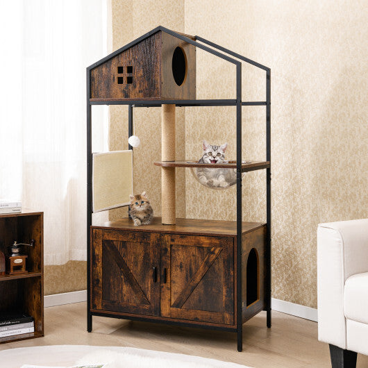 Cat Tree with Litter Box Enclosure Industrial Cat Tower Multi-level Cat Condo Furniture for Indoor Cats-Rustic Brown W2B