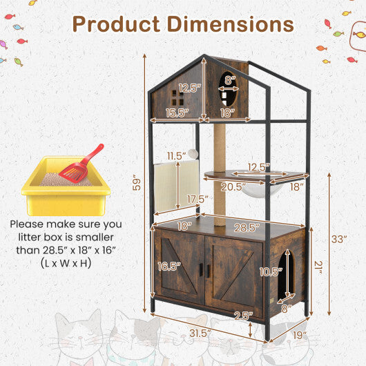 Cat Tree with Litter Box Enclosure Industrial Cat Tower Multi-level Cat Condo Furniture for Indoor Cats-Rustic Brown W2B