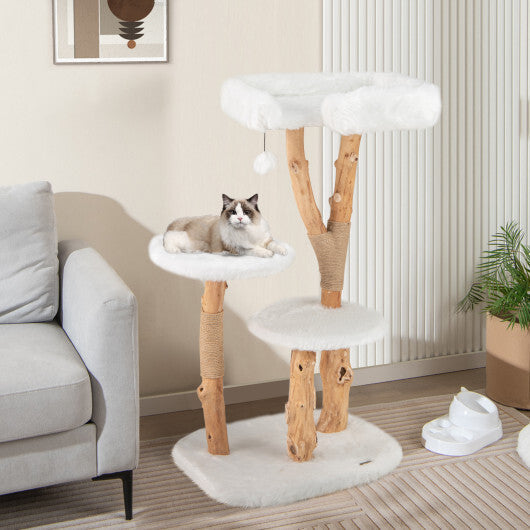 44 Inch Solid Wood Cat Tree with Perch and Natural Jute Scratching Posts-White W2B