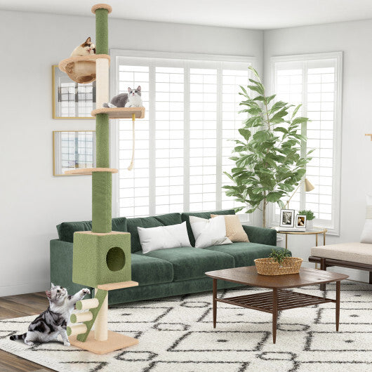 Floor to Ceiling Cat Tree with 86-99.5 Inch Adjustable Height and Extra Post-Green W2B