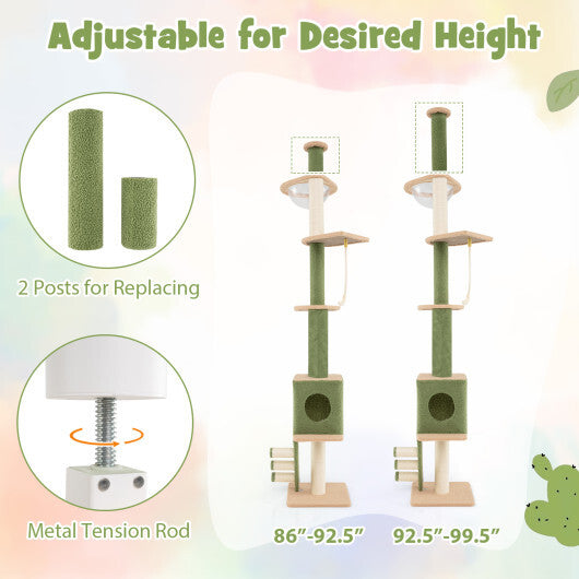 Floor to Ceiling Cat Tree with 86-99.5 Inch Adjustable Height and Extra Post-Green W2B