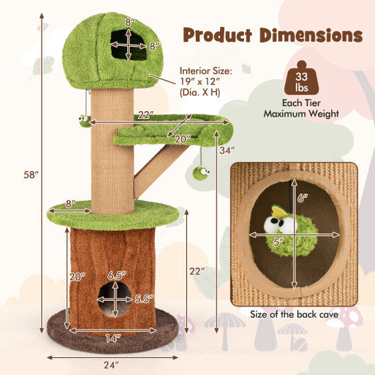 Mushroom Cat Tree for Indoor Cats with 2 Cute Condos Plush Perch and Teasing Balls-Green W2B