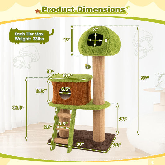 Cute Cat Tree for Indoor Cats with Mushroom-shaped Nest Condo and Climbing Ladder-Green W2B