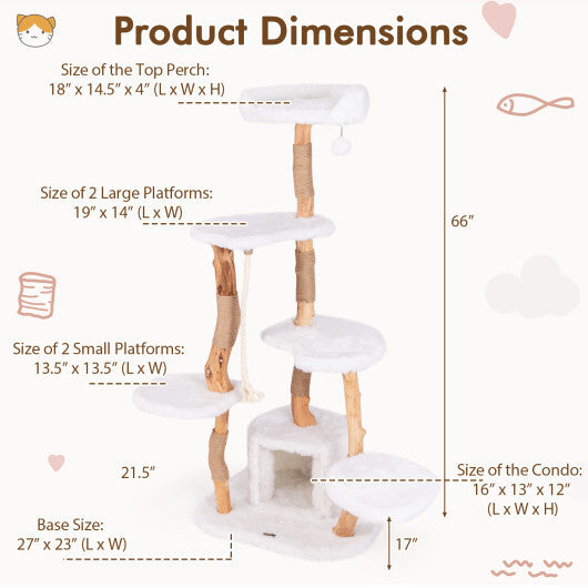 66 Inch Tall Solid Wood Cat Tree Modern Wooden Cat Tower with Perch-White W2B