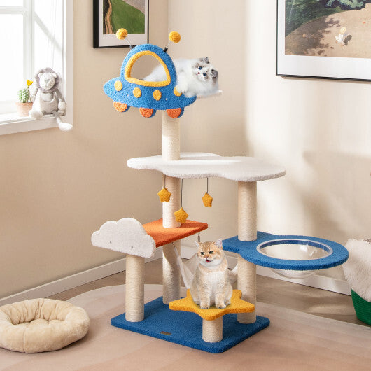 49 Inches Tall Cat Tree with UFO Top Perch Space Capsule and Sisal Scratching Posts-Blue W2B