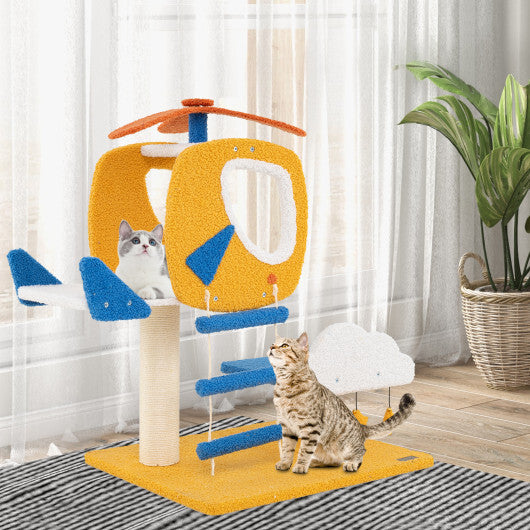 Indoor Small Aviation-themed Cat Tree Cat Tower with Helicopter Top Perch-Yellow W2B