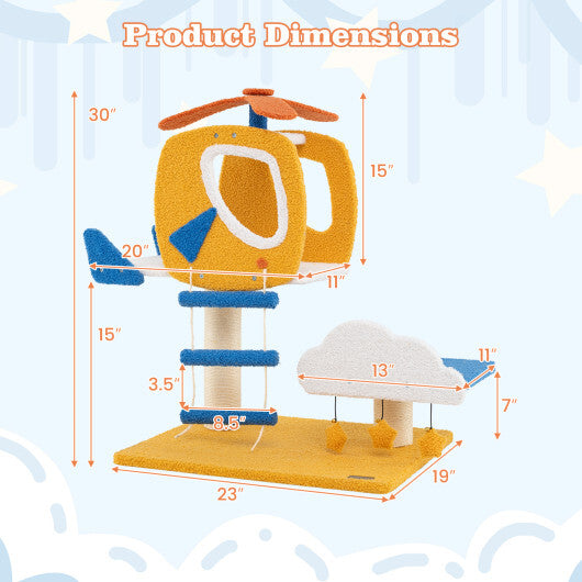 Indoor Small Aviation-themed Cat Tree Cat Tower with Helicopter Top Perch-Yellow W2B