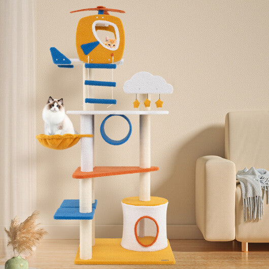 70 Inch Tall Aviation-themed Cat Tree with Helicopter Top Perch and Platforms-Yellow W2B