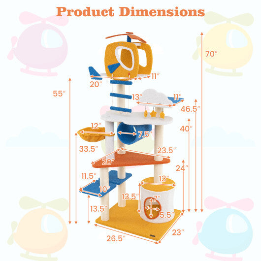 70 Inch Tall Aviation-themed Cat Tree with Helicopter Top Perch and Platforms-Yellow W2B