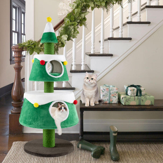 Christmas Cat Tree for Indoor Cats Cute Holiday Cat Tower with 2 Condos-Green W2B