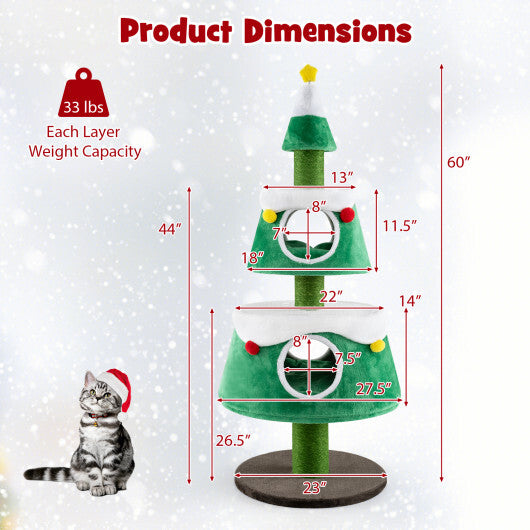 Christmas Cat Tree for Indoor Cats Cute Holiday Cat Tower with 2 Condos-Green W2B