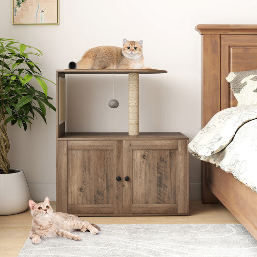 34.5 Inch Cat Tree with Litter Box Enclosure with Sisal Scratching Post and Mat-Gray W2B