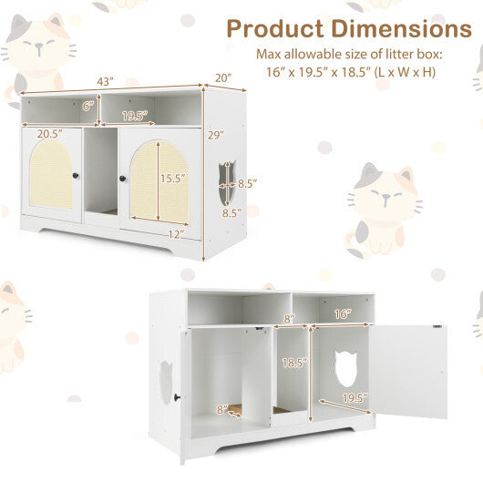43 Inches Cat Litter Box Enclosure with Storage and Double Rooms-White W2B