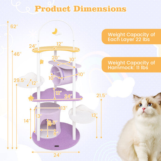 62 Inches Large Cat Tower with Metal Frame and Jumping Platforms-Purple W2B