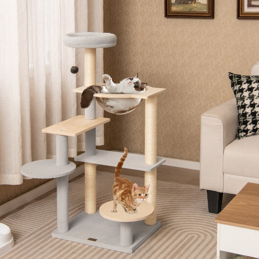 Modern Cat Tree 44 Inch Multi-level Cat Tower with Removable Padded Top Perch-Natural W2B
