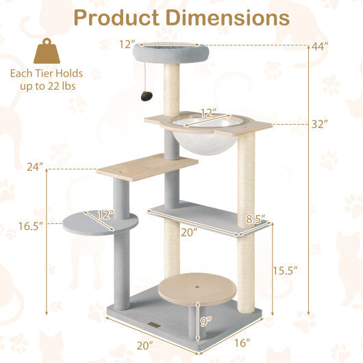 Modern Cat Tree 44 Inch Multi-level Cat Tower with Removable Padded Top Perch-Natural