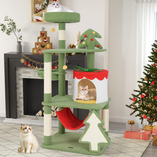 Cute Christmas Cat Tree with Sisal Scratching Posts and Gift Box Shaped Condo-Green W2B