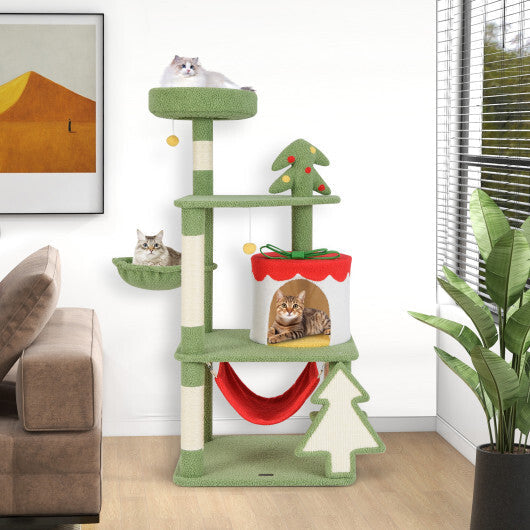 Cute Christmas Cat Tree with Sisal Scratching Posts and Gift Box Shaped Condo-Green W2B