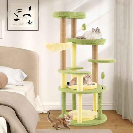 Multi-level Cat Tree Avocado Theme Cat Tower with Wide Perch Rotatable Basket-Green W2B