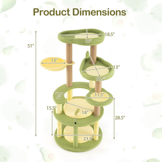 Multi-level Cat Tree Avocado Theme Cat Tower with Wide Perch Rotatable Basket-Green W2B