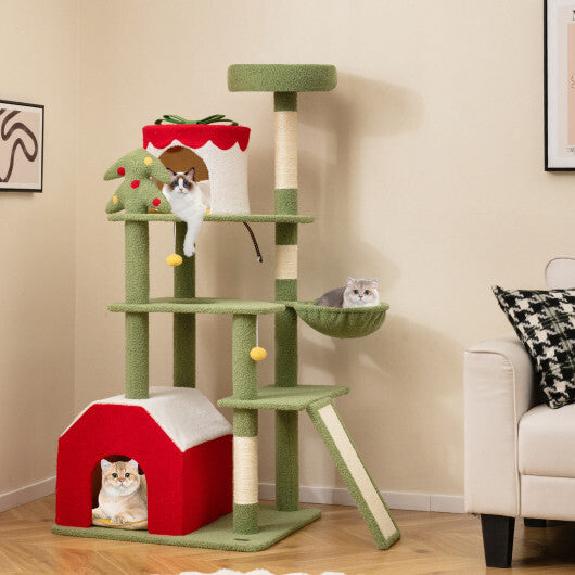 61 Inches Cute Christmas Cat Tree with Sisal Scratching Posts and 2 Condos-Green W2B