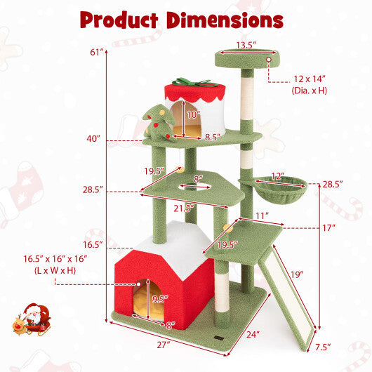 61 Inches Cute Christmas Cat Tree with Sisal Scratching Posts and 2 Condos-Green W2B
