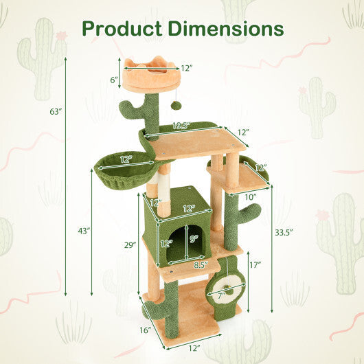 63 Inch Cactus Cat Tree with Sisal Scratching Posts and Board for Indoor Cats W2B