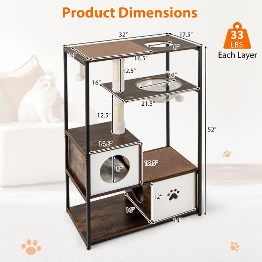 52 Inch Tall Wooden Cat Tree Metal Frame with 2 Condos and Cushions-Coffee W2B