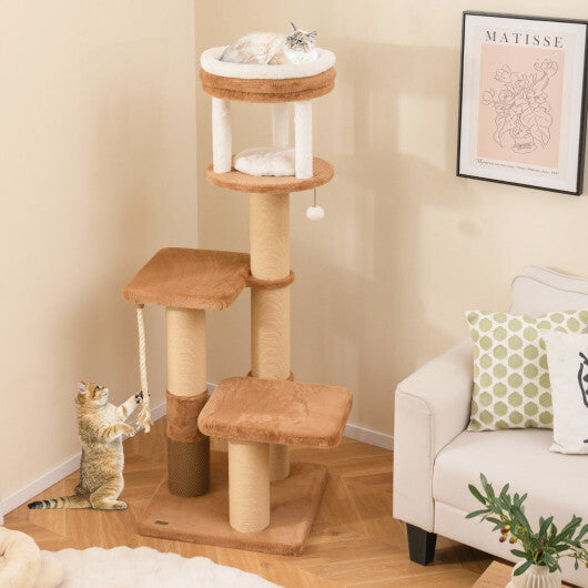 65 Inches Tall Cat Tree with Self-groomer and Removable Cat Bed-Coffee W2B