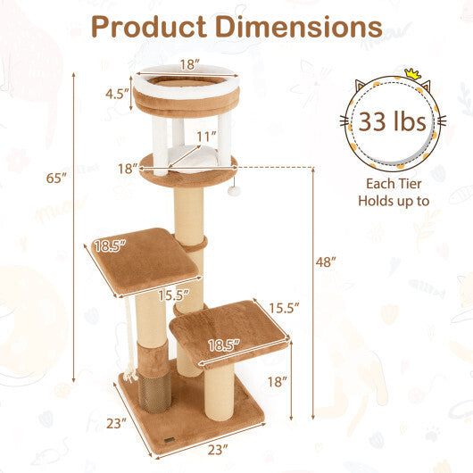 65 Inches Tall Cat Tree with Self-groomer and Removable Cat Bed-Coffee W2B