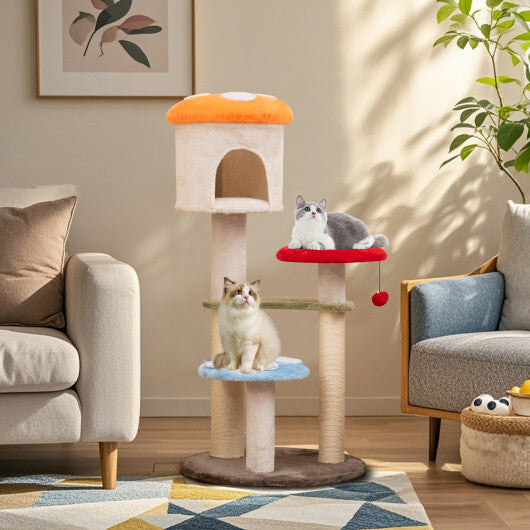 Cute Mushroom Cat Tree with Sisal Scratching Posts Top Condo and Padded Platforms-Multicolor W2B