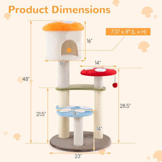 Cute Mushroom Cat Tree with Sisal Scratching Posts Top Condo and Padded Platforms-Multicolor W2B