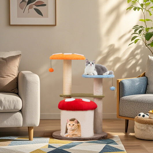 35 Inch Tall Cat Tower with Sisal Scratching Posts Cat Condo and Padded Platforms-Multicolor W2B