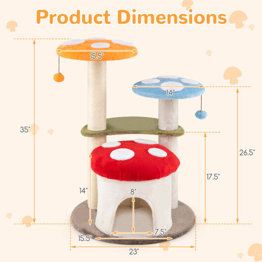 35 Inch Tall Cat Tower with Sisal Scratching Posts Cat Condo and Padded Platforms-Multicolor W2B