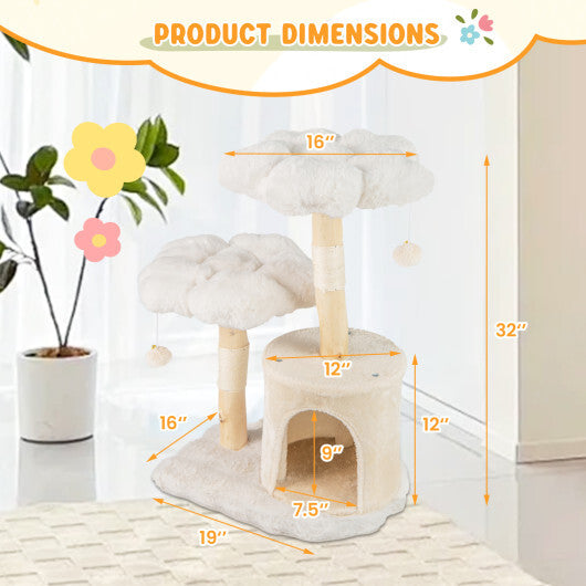 Cute Solid Wood Cat Tree Natural Branch Modern Flower Cat Tower with Sisal Scratching Posts-Beige W2B