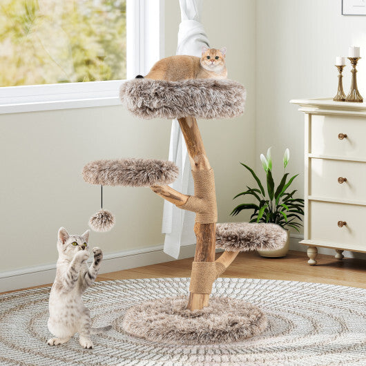 Cat Tree Solid Pear Wood with Perch and Natural Jute Scratching Posts-Brown W2B