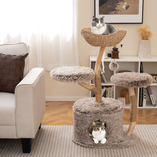 Wood Cat Tree Solid Pear Cat Tree with Perch and Sisal Scratching Posts-Brown W2B