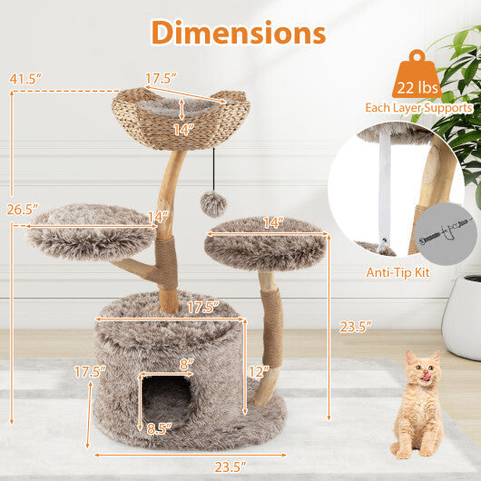 Wood Cat Tree Solid Pear Cat Tree with Perch and Sisal Scratching Posts-Brown W2B