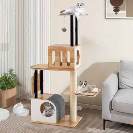 Modern Tall Cat Tower with Double Condos with Dangling Balls and Sisal Carpets-Natural W2B