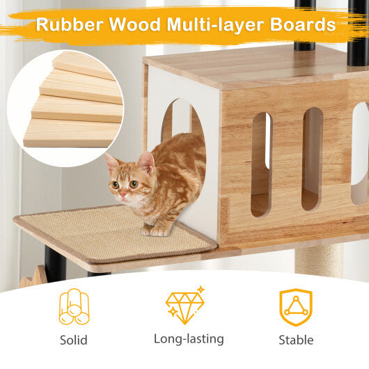 Modern Tall Cat Tower with Double Condos with Dangling Balls and Sisal Carpets-Natural W2B
