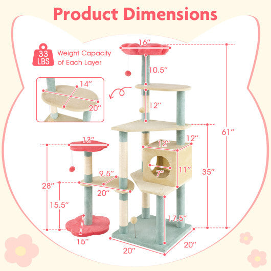 61 Inch Multi-Level Aesthetic Floral Kitten Tower with Flower-Shaped Padded Perch-Multicolor