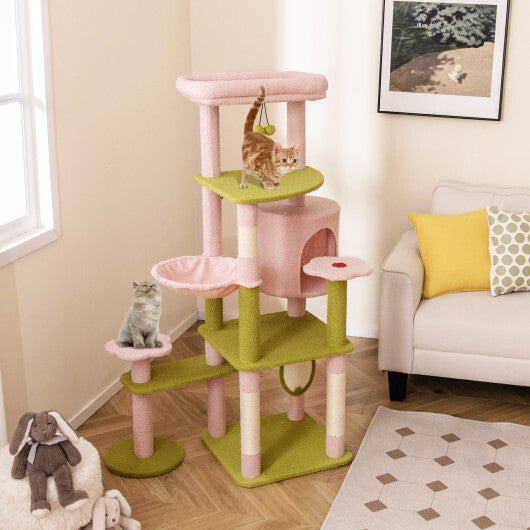 58 Inch Tall Multi-Level Cat Tree Aesthetic Floral Kitten Tower-Pink W2B