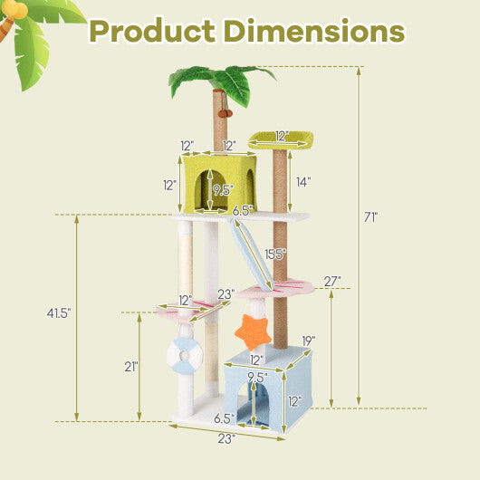 71 Inch Cat Tree Multi-Level Aesthetic Beach-Themed Kitten Tower-Colorful W2B