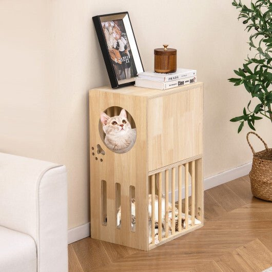 2-tier Wooden Cat Condo Indoor Symmetrical Cat House with Removable Cushions W2B