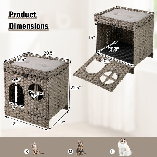 Foldable 2-tier Rattan Cat Litter Box Enclosure with Litter Mat-Grey