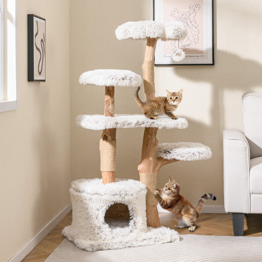 Modern Cat Tree 53 Inch Tall Natural Branch Wooden Cat Tower with Jute Scratching Posts-White W2B