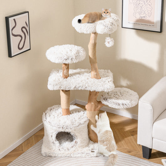 Modern Cat Tree 53 Inch Tall Natural Branch Wooden Cat Tower with Jute Scratching Posts-White W2B
