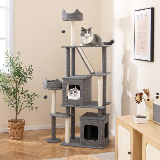 71 Inch Tall Cat Tree Multi-Level Large Cat Tower with Scratching Posts-Grey W2B