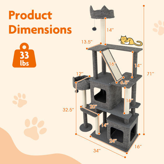 71 Inch Tall Cat Tree Multi-Level Large Cat Tower with Scratching Posts-Grey W2B