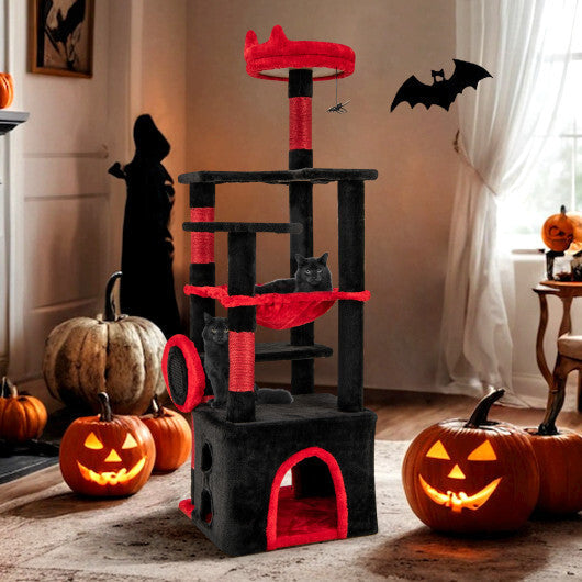 Gothic Cat Tree with Plush Perch and Spider Dangling Toy-Black & Red W2B